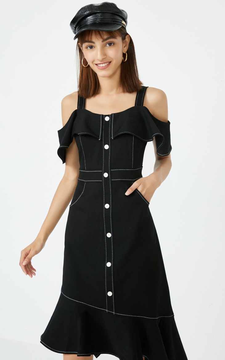 vero moda2020春夏新款海军风吊带荷叶边不规则连衣裙|320342007